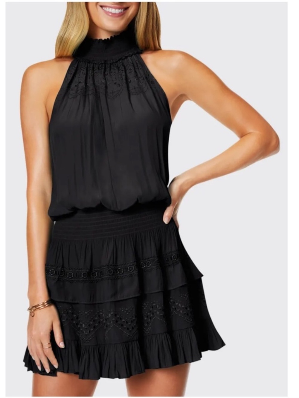 Ramy Brook Black Gari Smocked Halter Neck Ruffle Sleeveless Mini Dress Medium